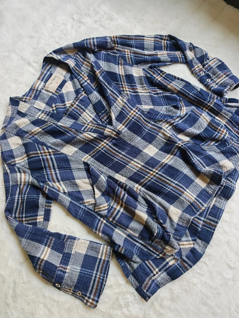 Free People We The Free By The Shore Plaid Shirt XS Blue Oversized V-Neck Pullov
